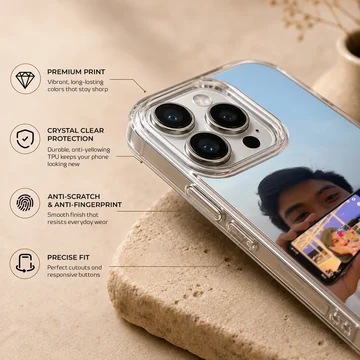 A photographic print of a couple showing a picture-in-picture phone screen selfie on a soft TPU snap phone case — Info