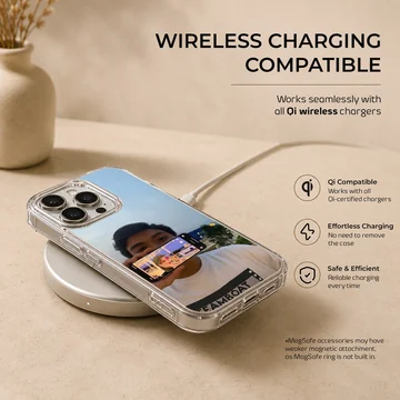 A photographic print of a couple showing a picture-in-picture phone screen selfie on a soft TPU snap phone case — Charging