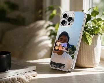 A photographic print of a couple showing a picture-in-picture phone screen selfie on a soft TPU snap phone case — Lifestyle
