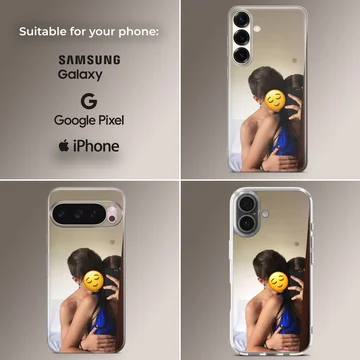 A photograph print on a phone case depicting an embracing couple taking a mirror selfie with a yellow emoji face. — Collage