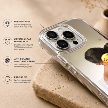 A photograph print on a phone case depicting an embracing couple taking a mirror selfie with a yellow emoji face. — Info
