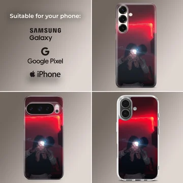 A couple taking a mirror selfie under glowing red LED lights, printed on a protective phone case — Collage