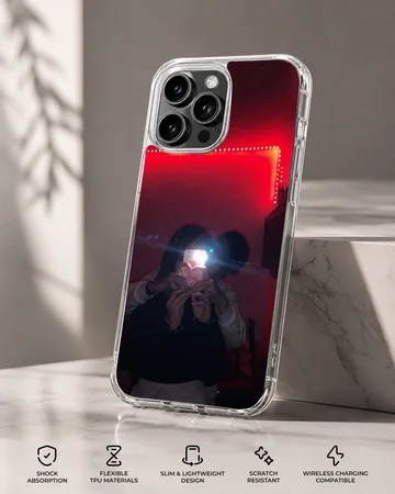 A couple taking a mirror selfie under glowing red LED lights, printed on a protective phone case — Specs