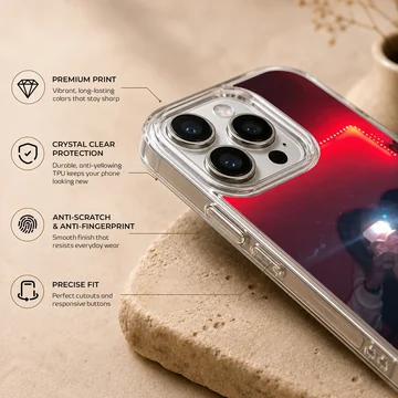 A couple taking a mirror selfie under glowing red LED lights, printed on a protective phone case — Info