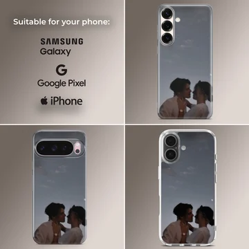 Photographic print of a romantic couple embracing against a twilight sky on a matte phone case. — Collage