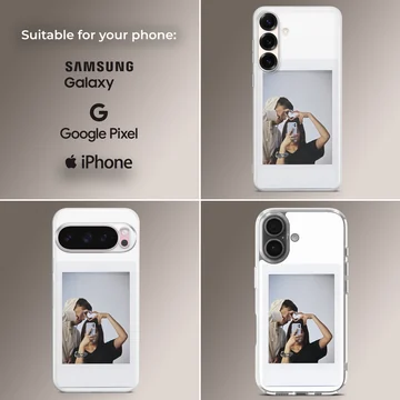 Polaroid-style photo print of a couple making a hand heart during a mirror selfie on a clear phone case. — Collage