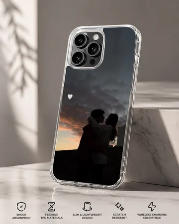 Romantic silhouette phone case featuring a couple against a sunset — Specs