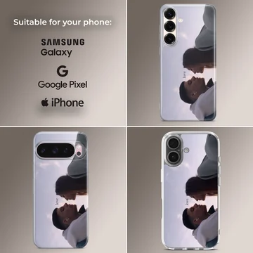 Serene couple sharing a moment with the word love on a phone case — Collage