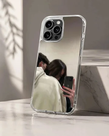 A cozy mirror selfie artwork of a couple embracing in neutral hoodie tones printed on a phone case.