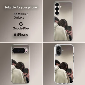 A cozy mirror selfie artwork of a couple embracing in neutral hoodie tones printed on a phone case. — Collage