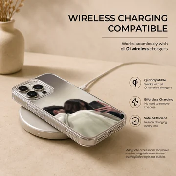 A cozy mirror selfie artwork of a couple embracing in neutral hoodie tones printed on a phone case. — Charging