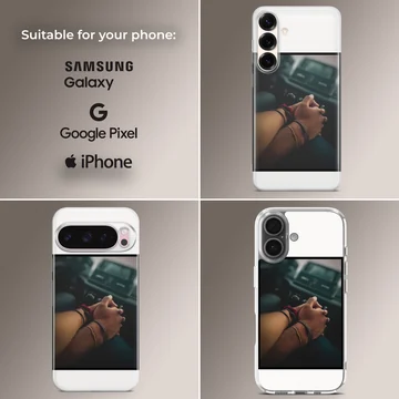 Close up photograph of a couple holding hands in a car printed on a sleek phone case — Collage