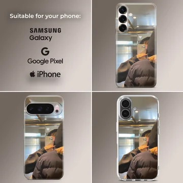A photographic print of a couple taking a cozy elevator mirror selfie with a subtle white heart graphic phone case — Collage