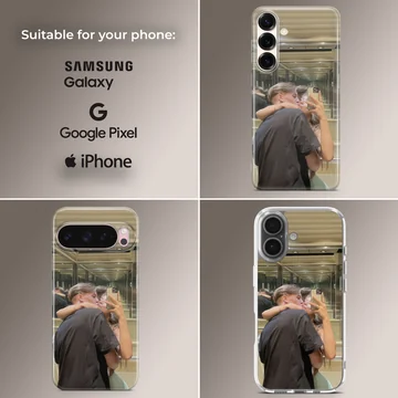Photographic print of a young couple kissing while taking a mirror selfie in an elevator on a custom phone case — Collage
