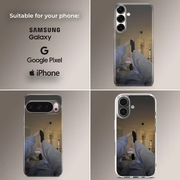 Photographic print of a cozy couple lounging together in matching outfits with a matchy text overlay on a phone case — Collage