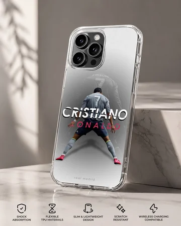 Cristiano Ronaldo dynamic pose with bold typography phone case — Specs