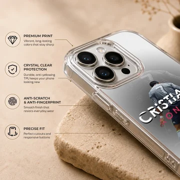 Cristiano Ronaldo dynamic pose with bold typography phone case — Info