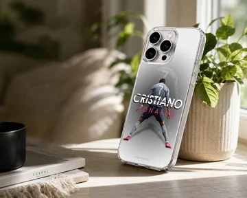 Cristiano Ronaldo dynamic pose with bold typography phone case — Lifestyle