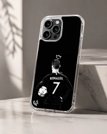 Cristiano Ronaldo posed with a football, phone case design. — Hero