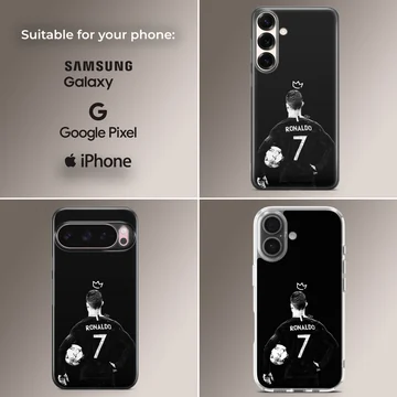 Cristiano Ronaldo posed with a football, phone case design. — Collage