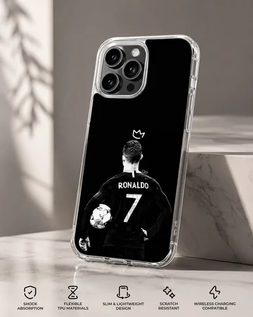 Cristiano Ronaldo posed with a football, phone case design. — Specs