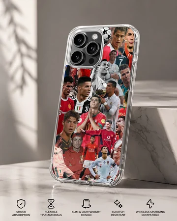 Cristiano Ronaldo collage featuring various moments, perfect phone case for fans — Specs