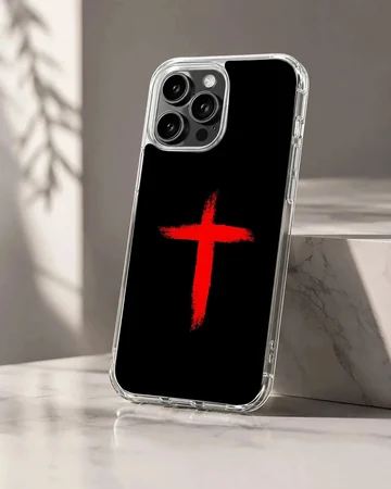 A bold red painted brushstroke cross graphic centered against a deep black background on a phone case.