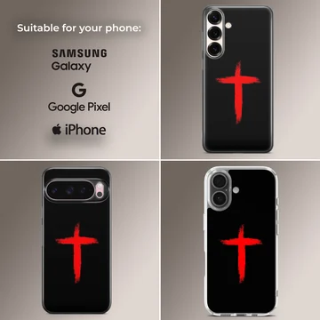 A bold red painted brushstroke cross graphic centered against a deep black background on a phone case. — Collage