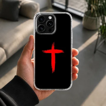 A bold red painted brushstroke cross graphic centered against a deep black background on a phone case. — Lifestyle