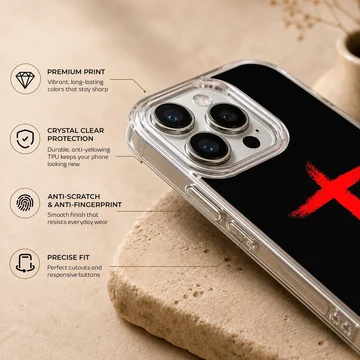 A bold red painted brushstroke cross graphic centered against a deep black background on a phone case. — Info