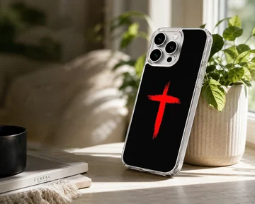 A bold red painted brushstroke cross graphic centered against a deep black background on a phone case. — Lifestyle