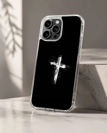 Distressed white paint brushstroke Christian cross centered on a sleek black phone case