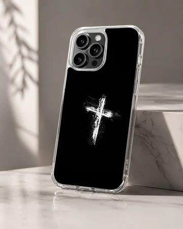 Distressed white paint brushstroke Christian cross centered on a sleek black phone case — Hero