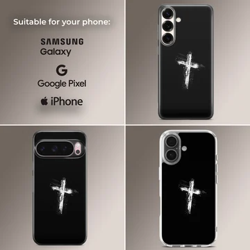 Distressed white paint brushstroke Christian cross centered on a sleek black phone case — Collage
