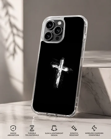 Distressed white paint brushstroke Christian cross centered on a sleek black phone case — Specs