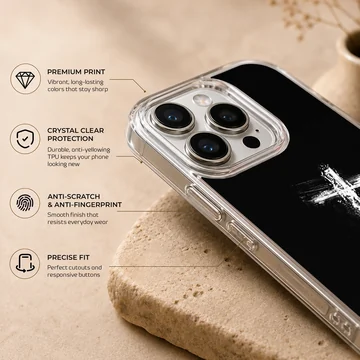 Distressed white paint brushstroke Christian cross centered on a sleek black phone case — Info