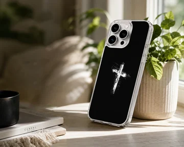 Distressed white paint brushstroke Christian cross centered on a sleek black phone case — Lifestyle