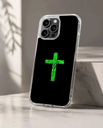 Abstract neon green Christian cross with paint splatters against a dark background on a soft tpu phone case