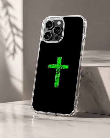 Abstract neon green Christian cross with paint splatters against a dark background on a soft tpu phone case — Hero