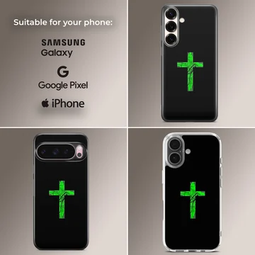 Abstract neon green Christian cross with paint splatters against a dark background on a soft tpu phone case — Collage