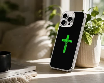 Abstract neon green Christian cross with paint splatters against a dark background on a soft tpu phone case — Lifestyle