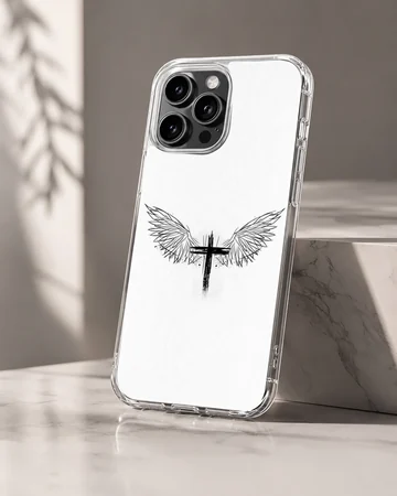 Black brushstroke cross centered between detailed angel wings on a white phone case — Hero