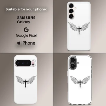 Black brushstroke cross centered between detailed angel wings on a white phone case — Collage