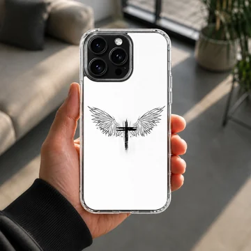 Black brushstroke cross centered between detailed angel wings on a white phone case — Lifestyle