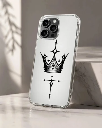 Black ink gothic crown and sharp cross tattoo graphic printed on a slim clear phone case.