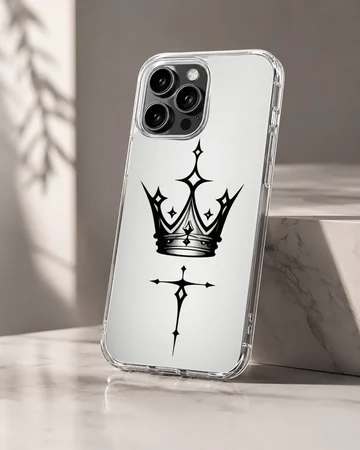 Black ink gothic crown and sharp cross tattoo graphic printed on a slim clear phone case. — Hero