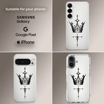 Black ink gothic crown and sharp cross tattoo graphic printed on a slim clear phone case. — Collage