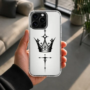 Black ink gothic crown and sharp cross tattoo graphic printed on a slim clear phone case. — Lifestyle