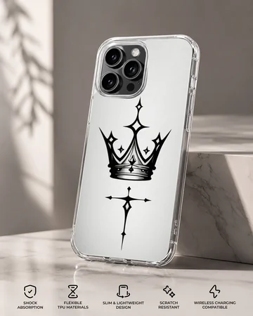 Black ink gothic crown and sharp cross tattoo graphic printed on a slim clear phone case. — Specs