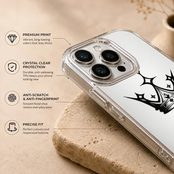 Black ink gothic crown and sharp cross tattoo graphic printed on a slim clear phone case. — Info